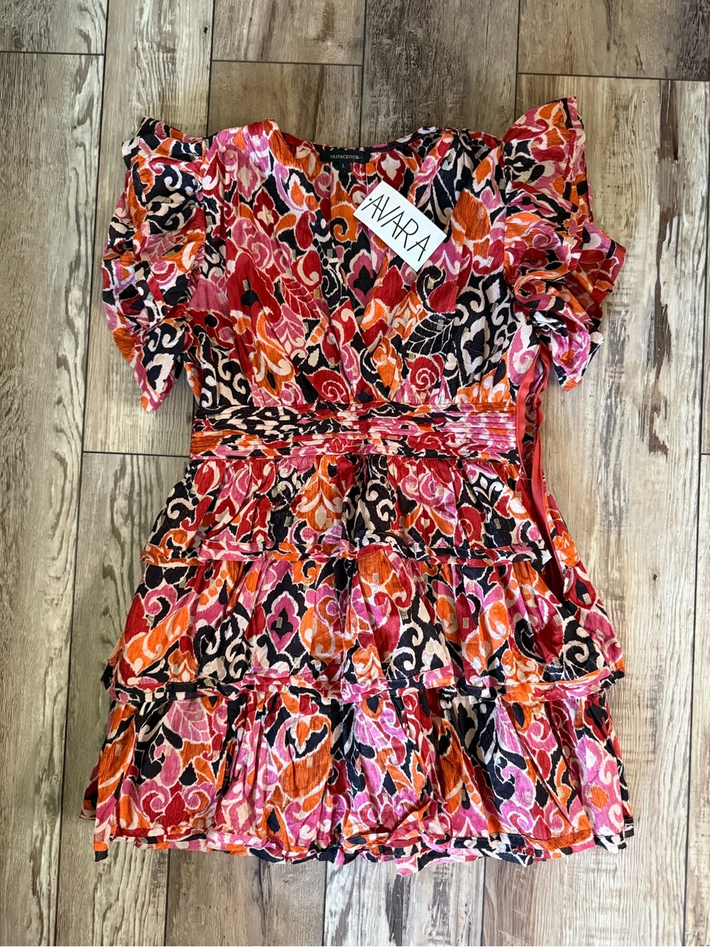 Olivaceous Pink Orange Black Printed Ruffled Mini Dress